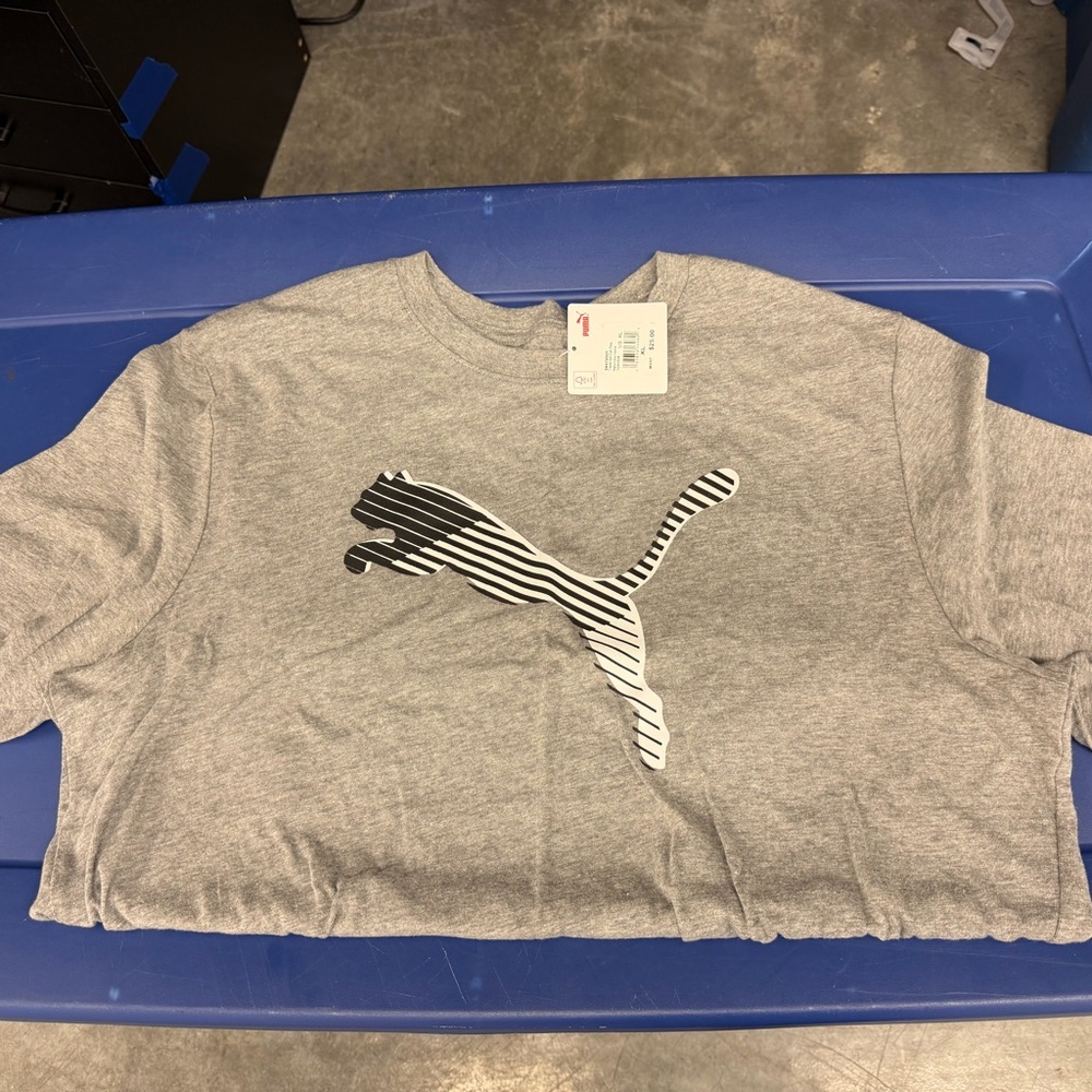 Puma Gray Tee with Black & White Striped Logo